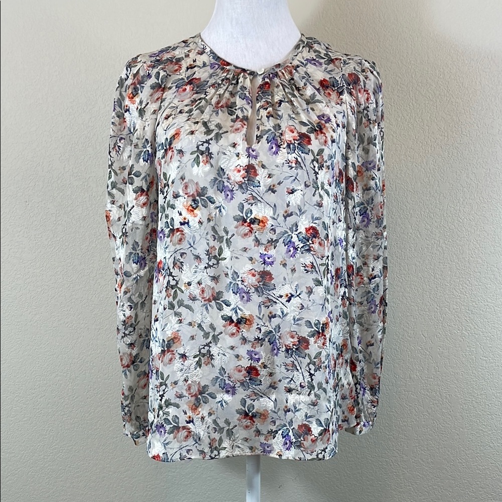 Rebecca Taylor Sheer Floral Long Sleeve Blouse with Key Hole Front 4